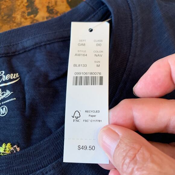 NWT J. Crew Navy Embroidered Tulips Slub Cotton Crewneck T-shirt - SIZE SMALL - Picture 6 of 7